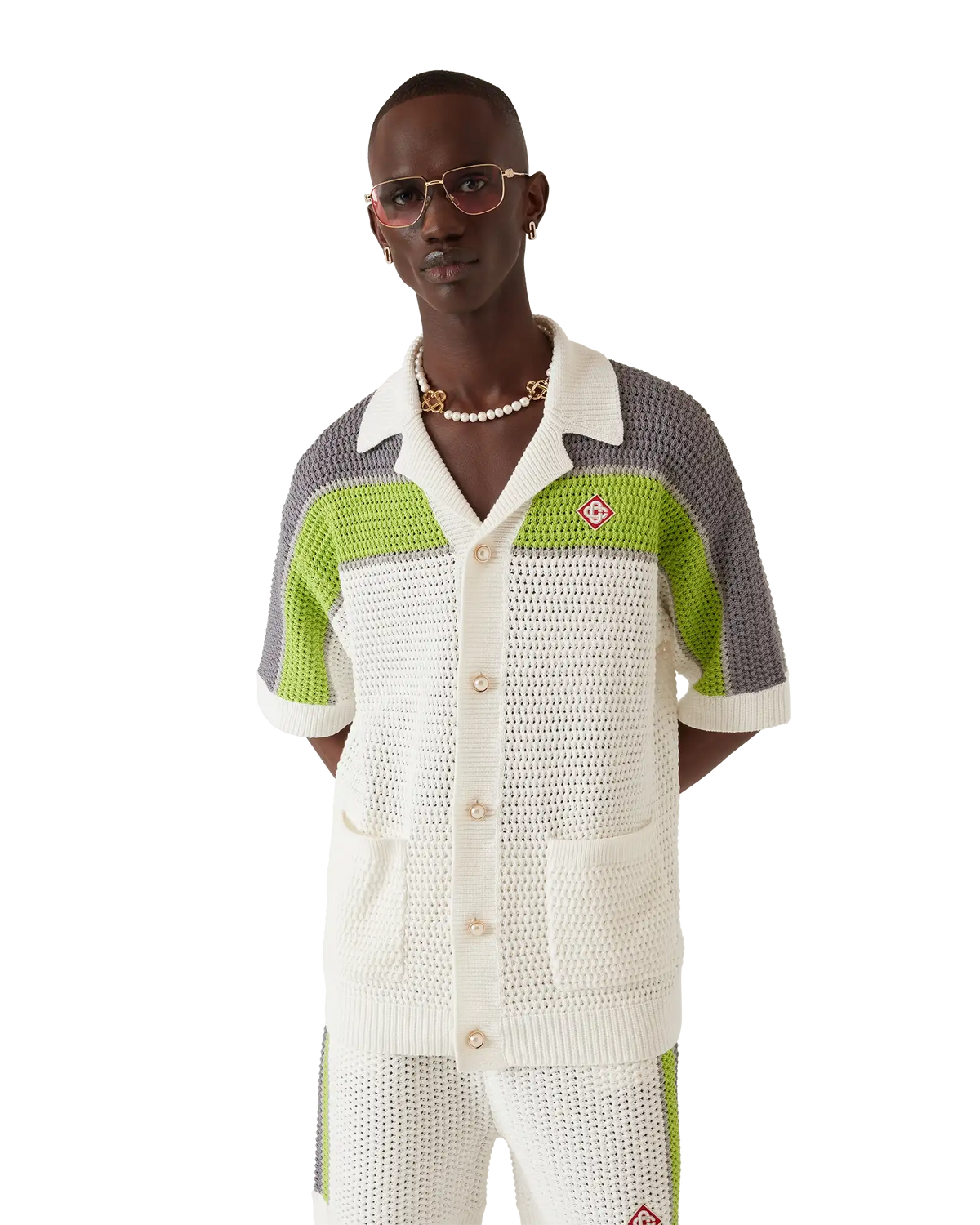 Stripe Crochet Short Sleeve Shirt | Casablanca Paris | Image 4