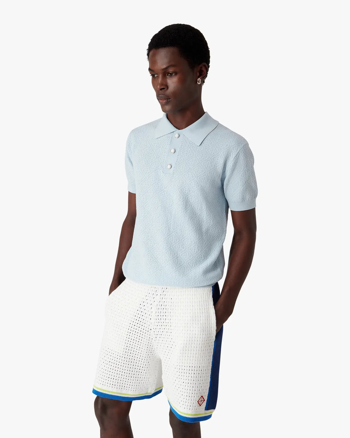 Blue Pointelle Monogram Short Sleeve Polo Shirt | Casablanca Paris | Image 4