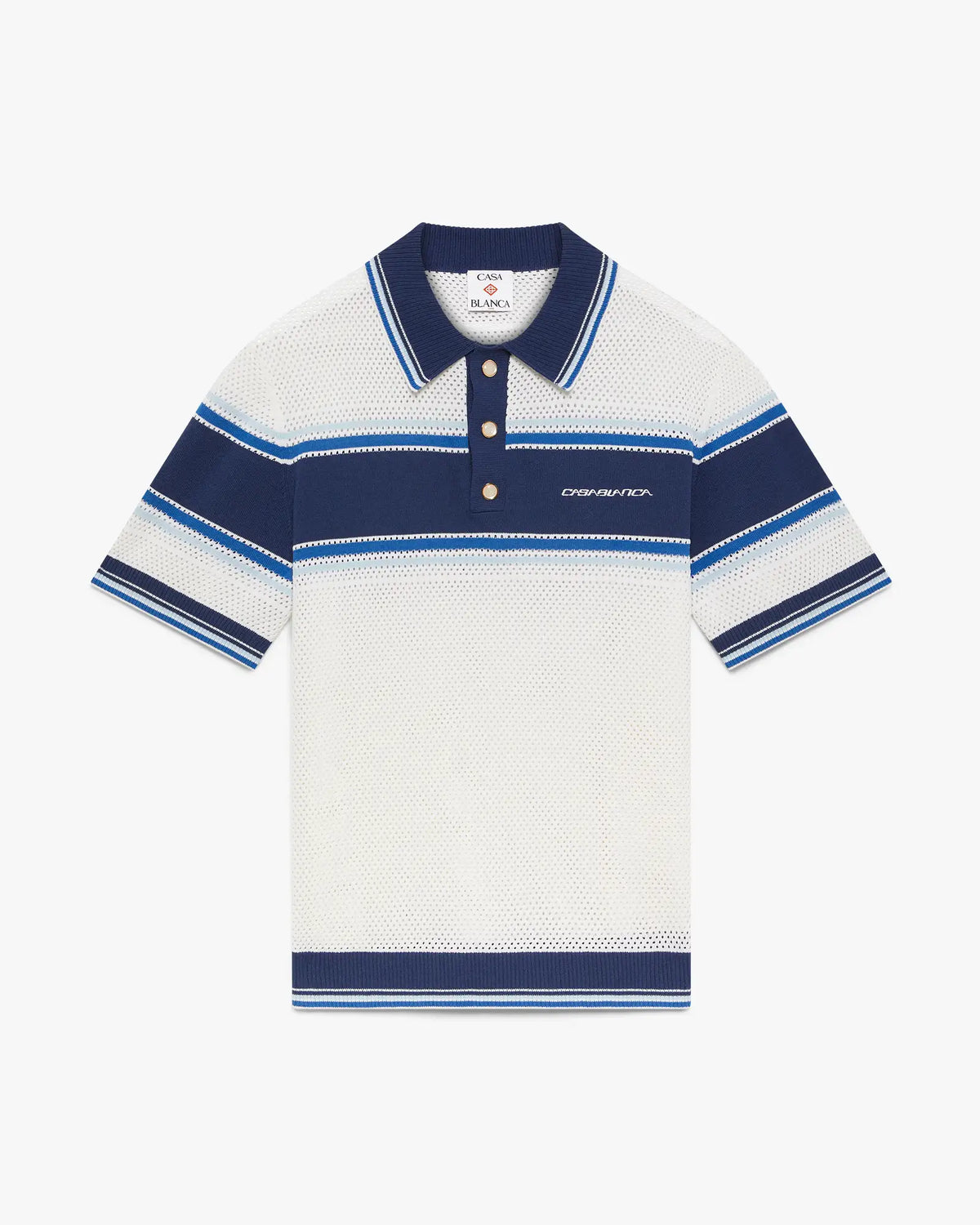 White & Blue Striped Mesh Short Sleeve Polo Shirt | Casablanca Paris | Image 1
