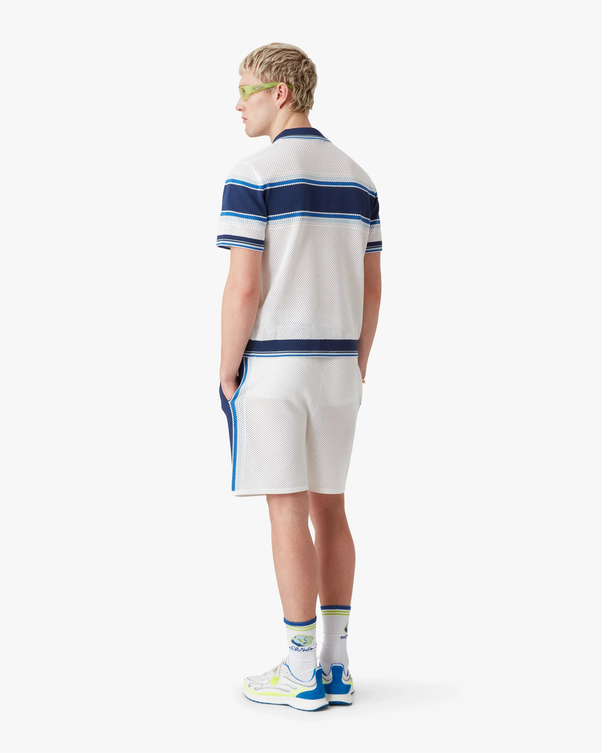 White & Blue Striped Mesh Short Sleeve Polo Shirt | Casablanca Paris | Image 3