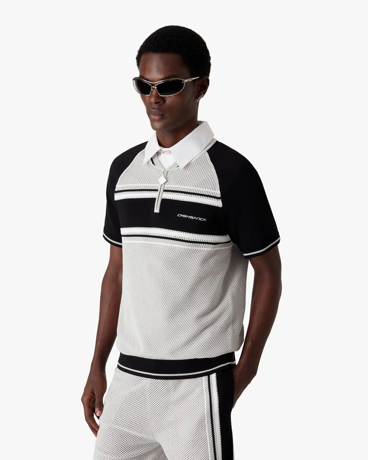 Metallic Mesh Stripe Zip Short Sleeve Polo Shirt | Casablanca Paris | Image 4