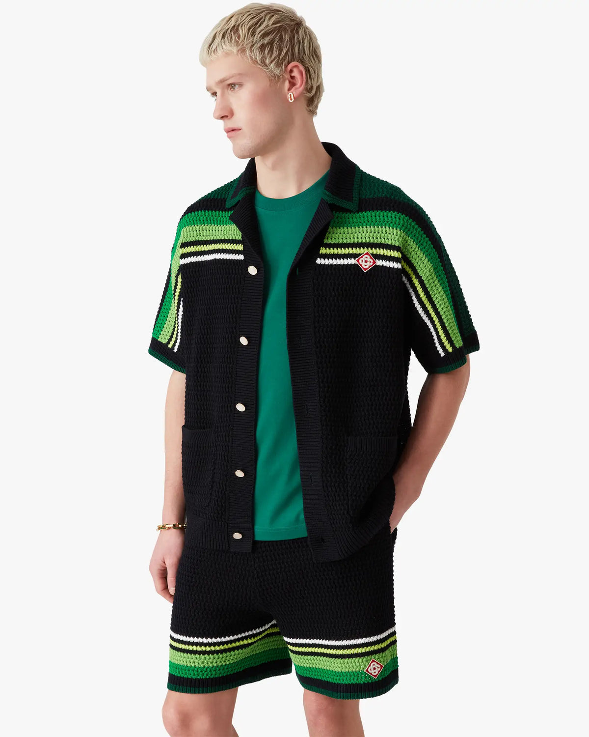 Black & Green Striped Short Sleeve Crochet Shirt | Casablanca Paris | Image 4