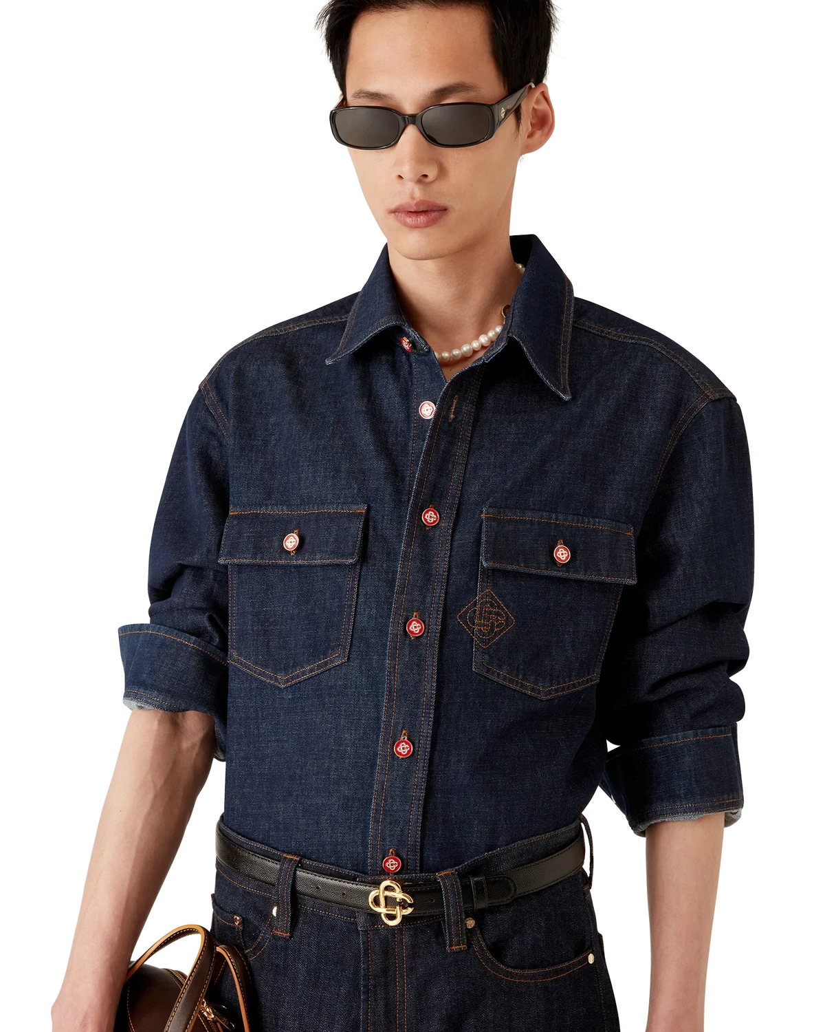 Denim Short Sleeve Shirt with Logo Embroidery | Casablanca Paris | Image 4