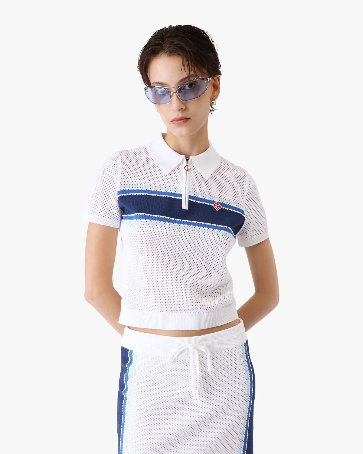 White & Blue Striped Mesh Polo Shirt | Casablanca Paris | Image 4